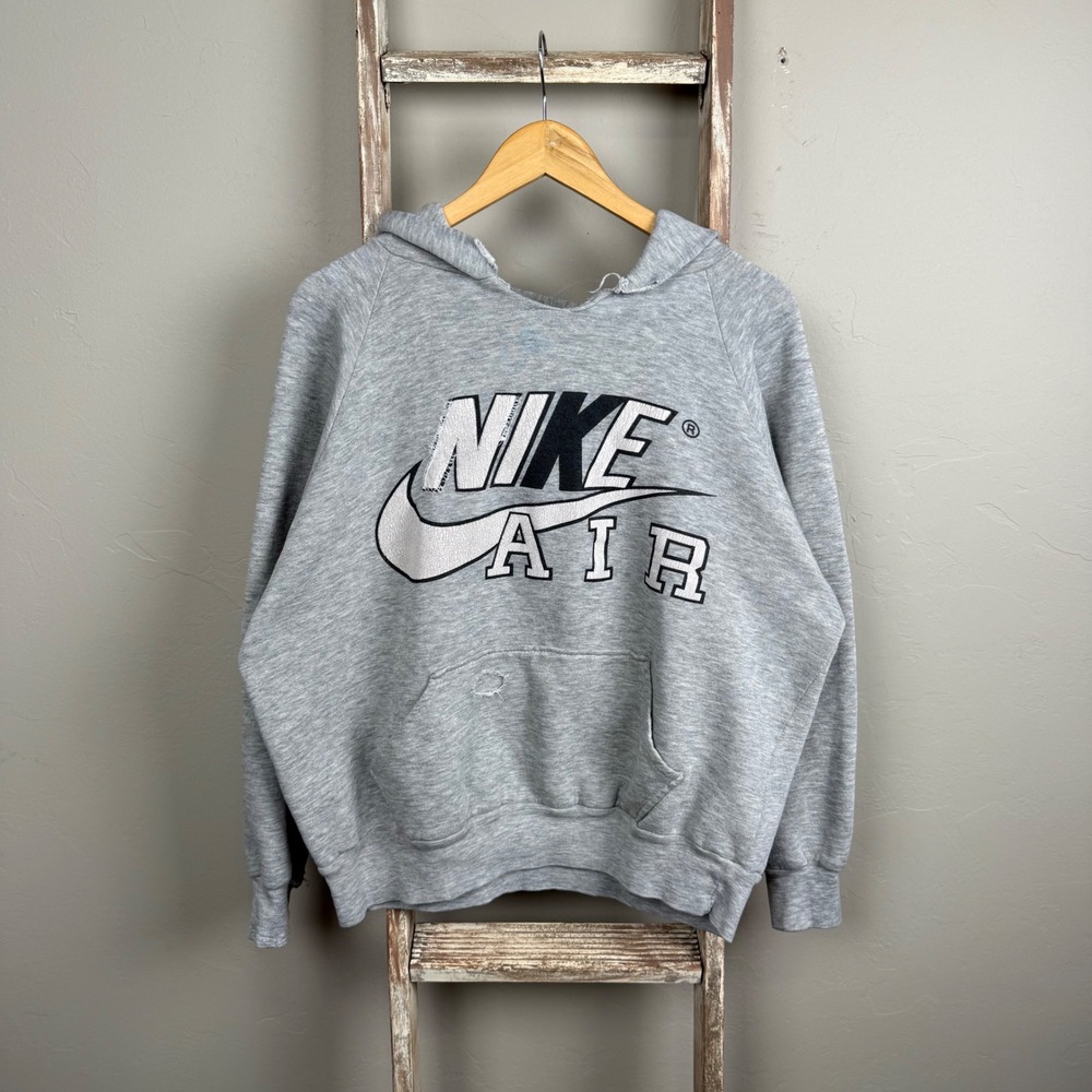 Vintage 90s Nike Spellout Raglan‎ Gray Pullover Hoodie Med